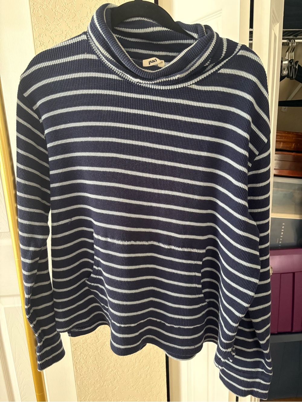 Pact Sweater Women’s Organic Cotton Ribbed Navy White with Pockets, Size L
